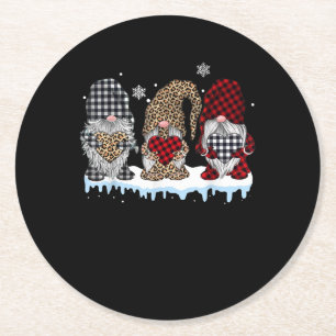 Three Gnomes In Leopard Buffalo Plaid Christmas Round Paper Coaster