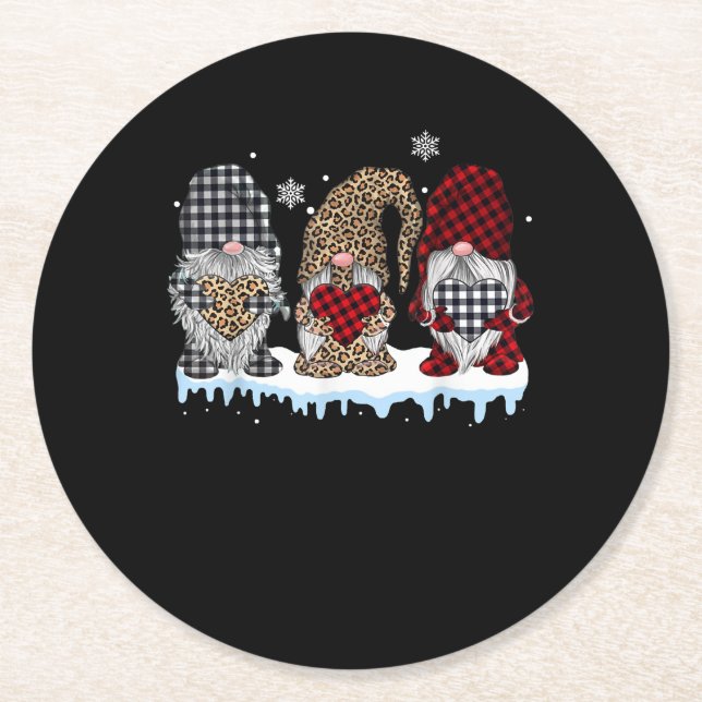 Three Gnomes In Leopard Buffalo Plaid Christmas Round Paper Coaster (Front)