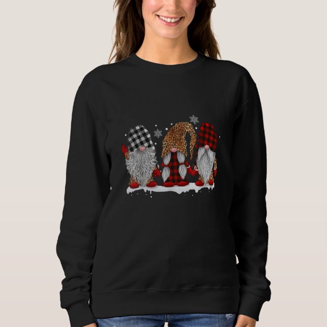 Three Gnomes In Leopard Printed Buffalo Plaid Sweatshirt (Front)