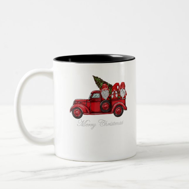 Three Gnomes in Red Truck With Merry Christmas Tre Two-Tone Coffee Mug (Left)