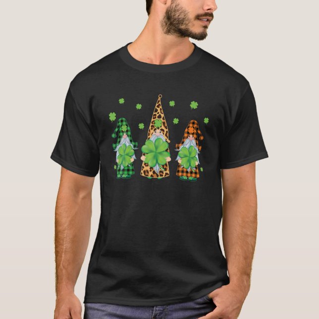 Three Gnomes Leopard Buffalo Plaid St Patricks's T-Shirt (Front)