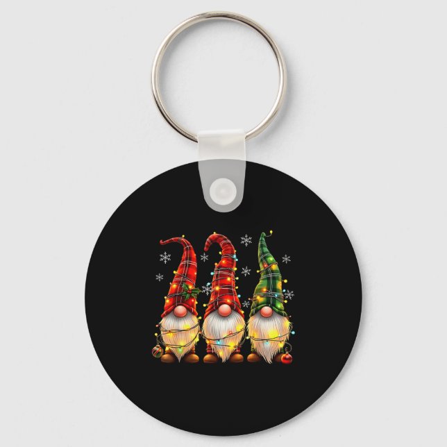 Three Gnomes Men Women Buffalo Plaid Red Christmas Key Ring (Front)
