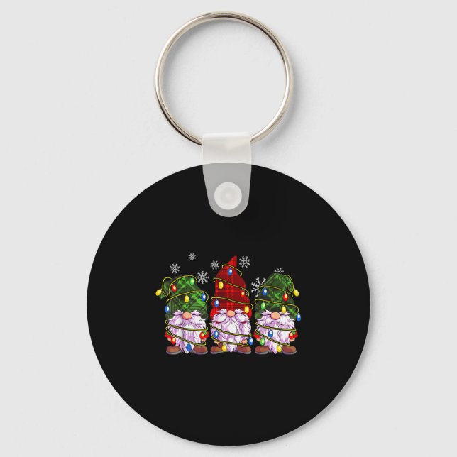 Three Gnomes Men Women Buffalo Plaid Red Christmas Key Ring (Front)