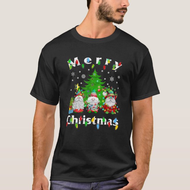 Three Gnomes Merry Christmas Light Tree Gnome Fami T-Shirt (Front)