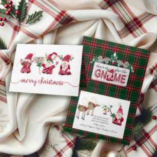 Three Gnomes Reindeer Watercolor Plaid Christmas Holiday Card