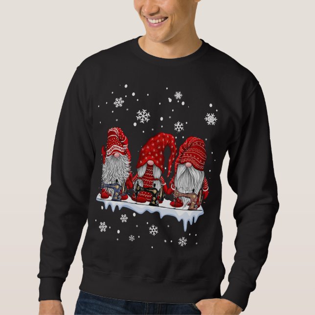 Three gnomes sewing and quilting christmas gift sweatshirt (Front)