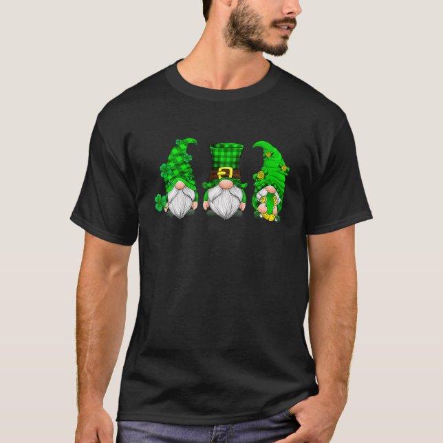Three Gnomes Shamrock Leopard Plaid St Patrick's D T-Shirt (Front)