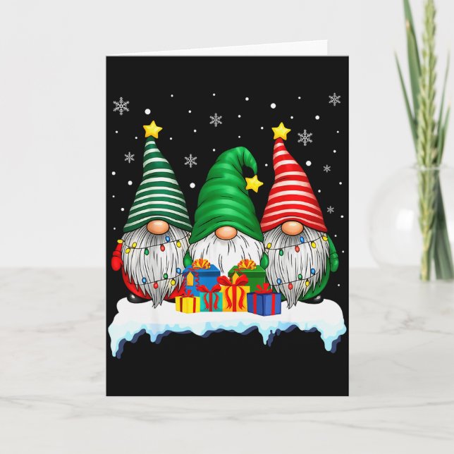 Three Gnomes Tree Lights Men Women Matching Xmas H Card (Front)