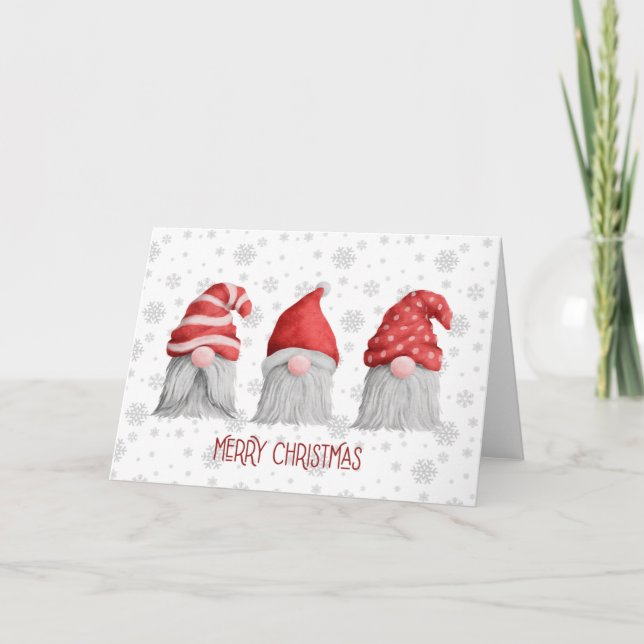 Three Gnomes Watercolor Beard Hat Red White Xmas  Card (Front)