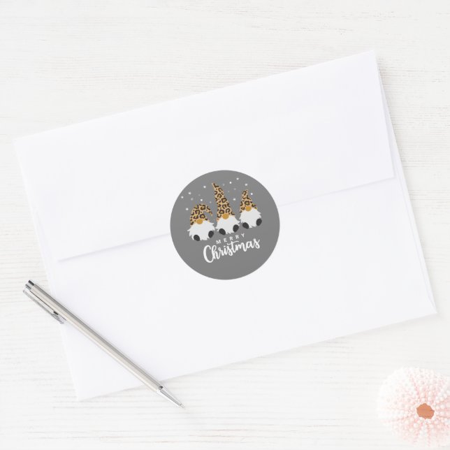 Three Gnomes With Leopard Plaid Gnome Christmas Classic Round Sticker (Envelope)