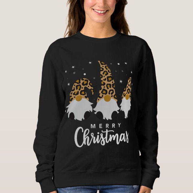 Three Gnomes With Leopard Plaid Gnome Christmas Sweatshirt (Front)