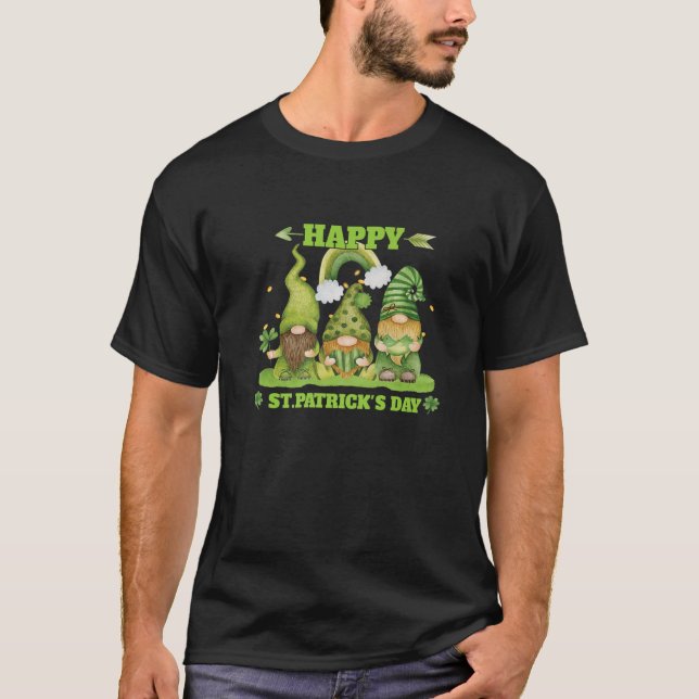 Three Gnomes With Rainbow And Shamrock St Patrick' T-Shirt (Front)