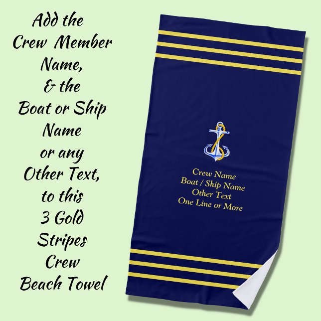 Three Gold Stripes for Crew - Add Name, Other Text Beach Towel (Creator Uploaded)