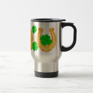 Three Golden Horseshoes Seven Lucky Shamrocks Travel Mug