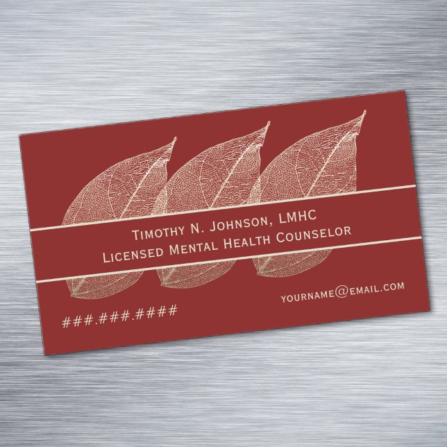 Three Golden Leaves on Maroon Counsellor Therapist Magnetic Business Card (Creator Uploaded)