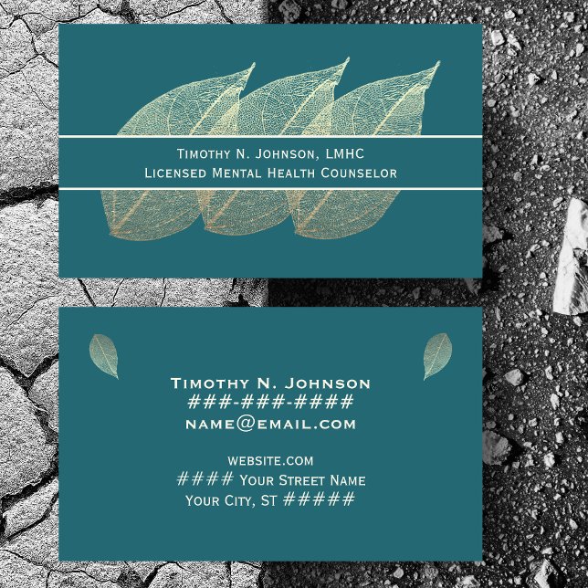 Three Golden Leaves on Teal Counselor Psychologist Business Card (Creator Uploaded)