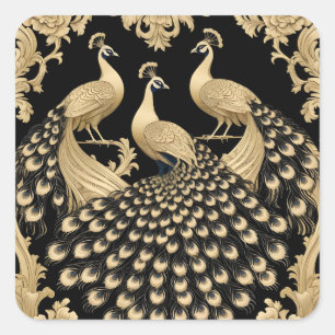 Three golden peacocks square sticker