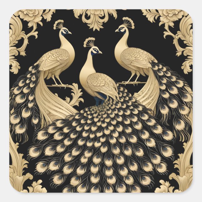 Three golden peacocks square sticker (Front)
