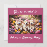 Three Golden Retriever Puppies with Flowers