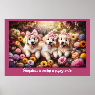 Three Golden Retriever Puppies with Flowers  Poster