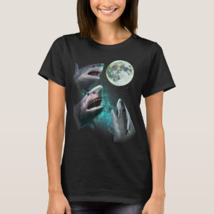 Three Great White Sharks Howl at Moon 3 Wolfs Funn T-Shirt