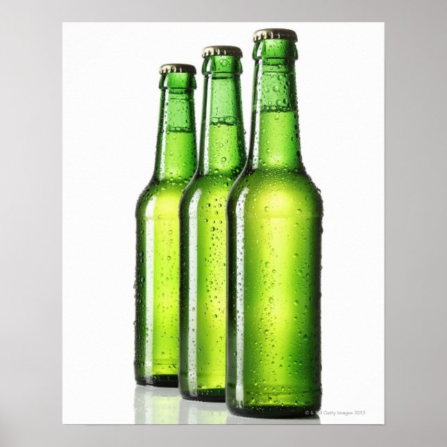 Three green bottles of beer on white background, poster (Front)