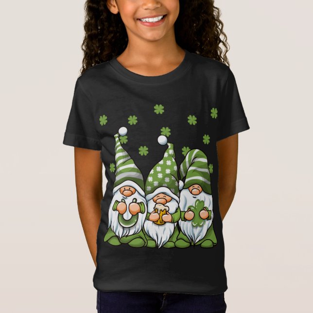 Three Green Irish Gnomes Shamrock Clover St. Patri T-Shirt (Front)