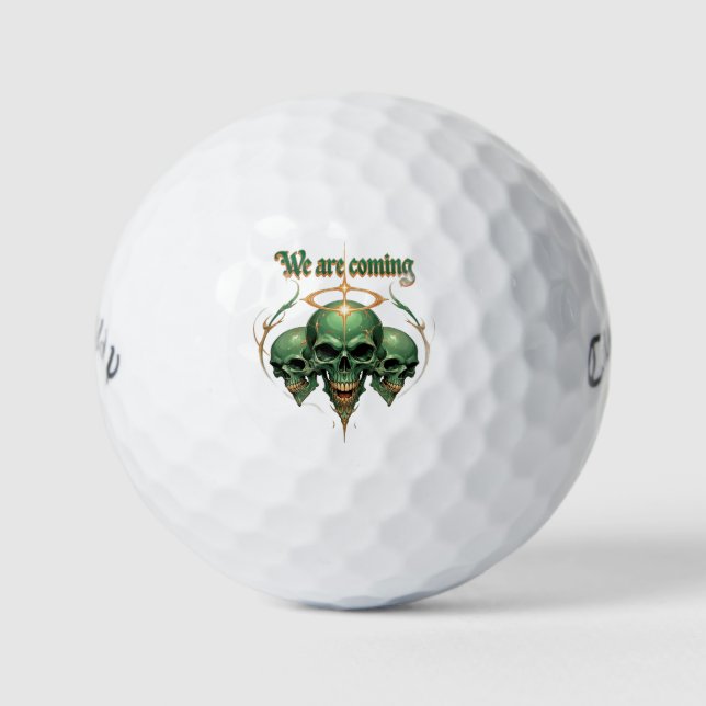 Three Green Skulls with Golden Halo and Fierce Exp Golf Balls (Front)