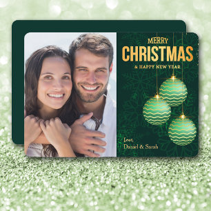 Three Green Tree Bulbs Snowflake Photo Christmas Holiday Card