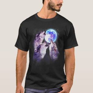 Three Grey Wolf Howling At The Moon 3 Wolves Space T-Shirt