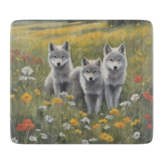 Three grey wolf pups waiting and watching cutting board
