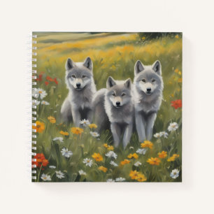 Three grey wolf pups waiting for mischief notebook
