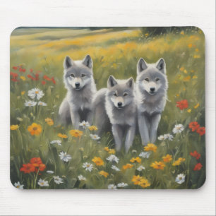Three grey wolf pups watching for mischief mouse pad