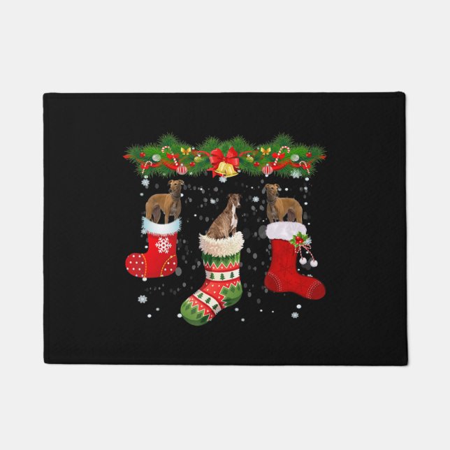 Three Greyhound Dog In Sock Christmas Santa Doormat (Front)