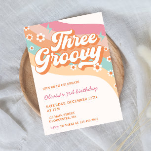 Three Groovy Retro Daisy 3rd Birthday Party  Invitation