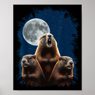 Three Groundhogs And A Moon Funny Groundhog Day Poster