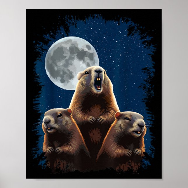 Three Groundhogs And A Moon Funny Groundhog Day  Poster (Front)