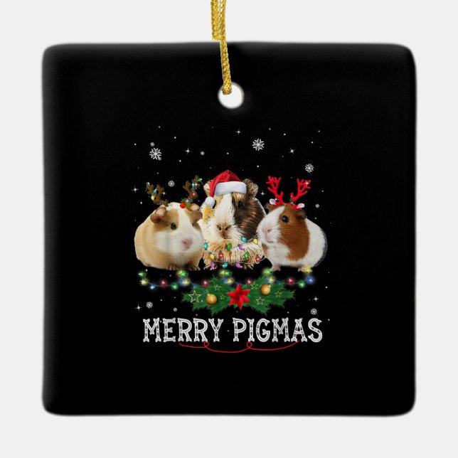 Three Guinea Pig Christmas Lights Santa Hat Ceramic Ornament (Front)