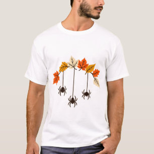 Three Hanging Spiders and Autumn Leaf Arc T-Shirt