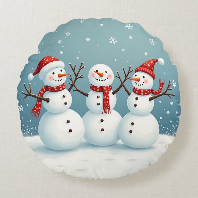 Three happy Christmas snowmen Round Cushion (Front)