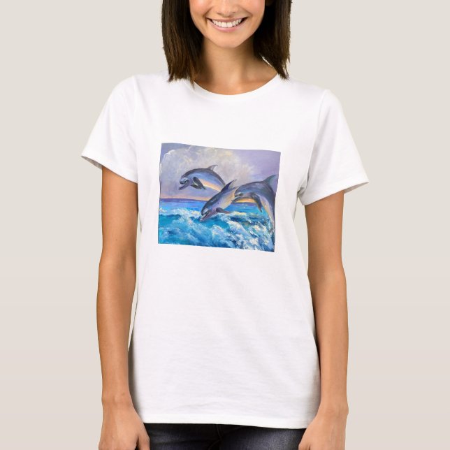 Three Happy Dolphins Jumping Art T-Shirt (Front)