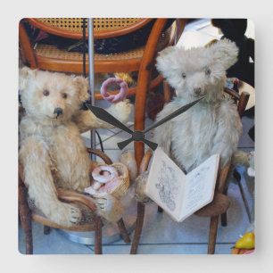 Three Happy Teddy Bears Square Wall Clock