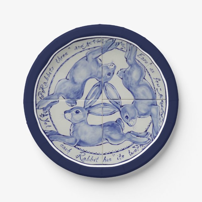 Three Hares Rabbits Blue White Tile Medallion Paper Plate (Front)