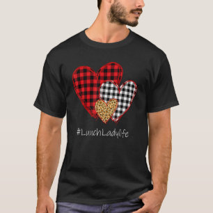 Three Hearts Buffalo Plaid Lunch Lady Valentine's T-Shirt