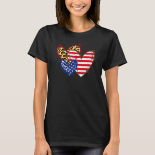 Three Hearts Leopard American Flag Patriotic 4th O T-Shirt