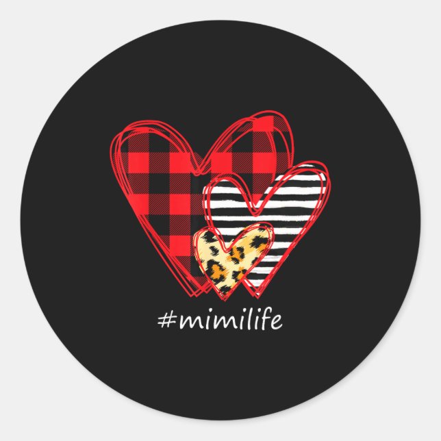 Three Hearts Leopard Buffalo Plaid Mimi Life Valen Classic Round Sticker (Front)