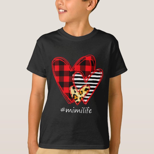 Three Hearts Leopard Buffalo Plaid Mimi Life Valen T-Shirt (Front)