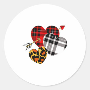 Three Hearts Leopard Buffalo Plaid Valentines Day  Classic Round Sticker