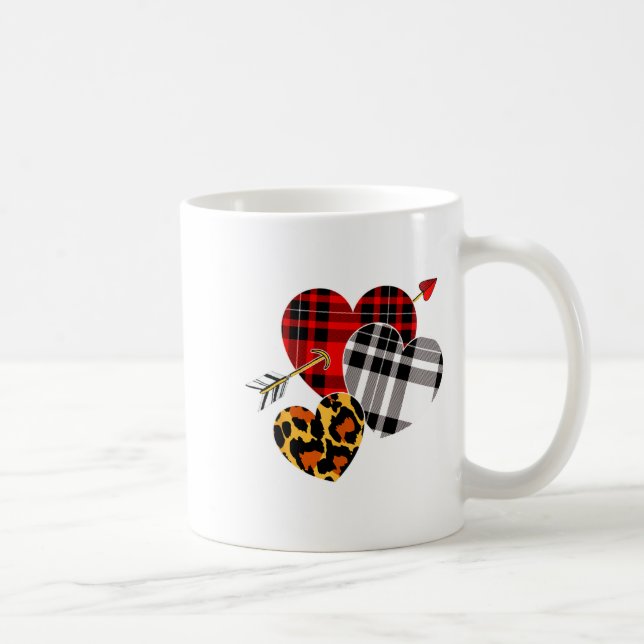 Three Hearts Leopard Buffalo Plaid Valentines Day  Coffee Mug (Right)