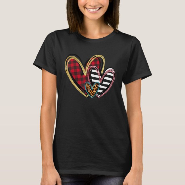 Three Hearts Leopard Buffalo Plaid Valentine's day T-Shirt (Front)
